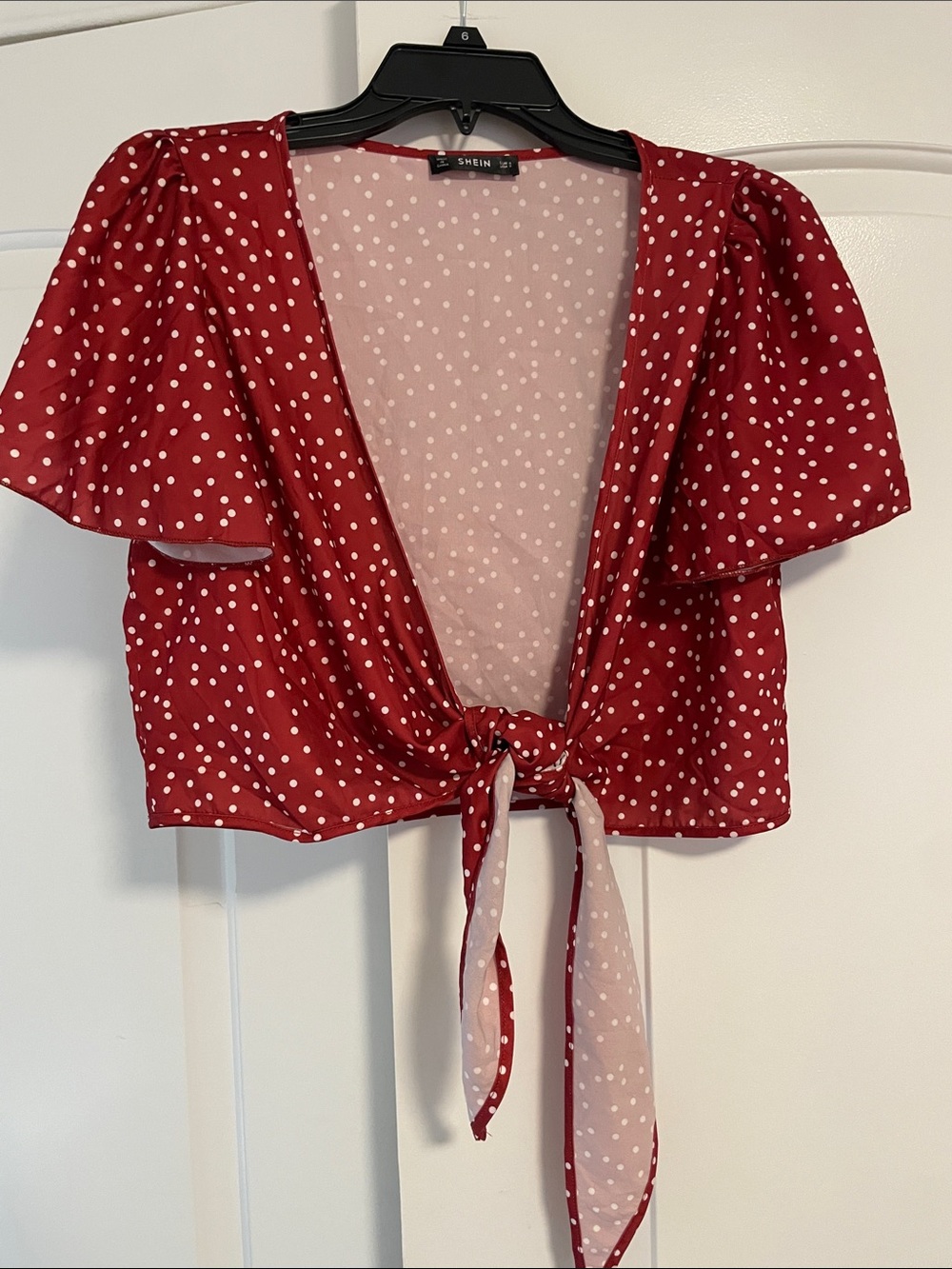 SHEIN Red White Polka Dot Tie-Front Crop Top